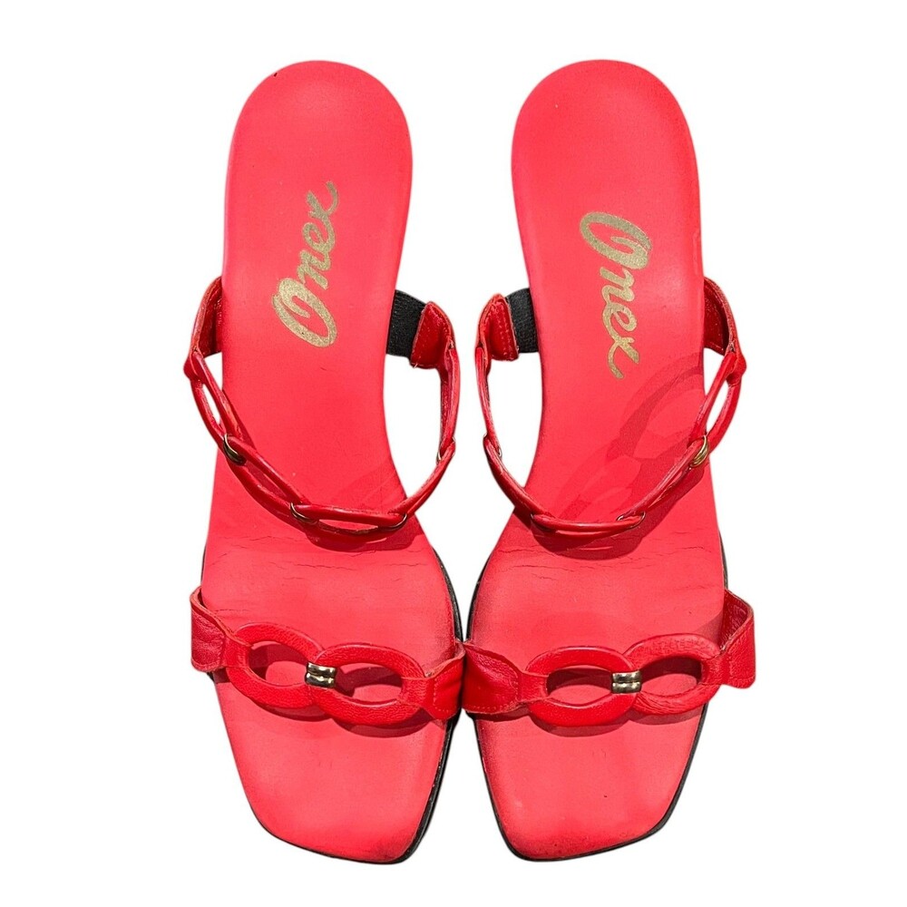 Onex Red Leather Link Slide Sandals Kitten Heels with Gold Accents  Size US 8